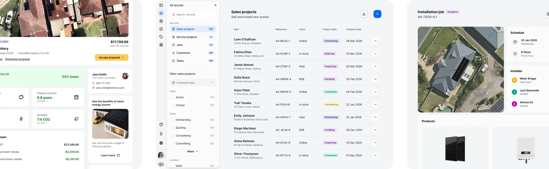 Three different screens showing the changes of the new design system