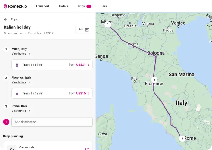 Saved trips that looks identical to the multi-stop trip planning core experience