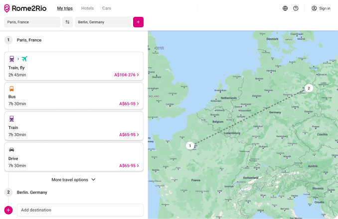Full page simplified trip plan design. With search box, transport details and a map