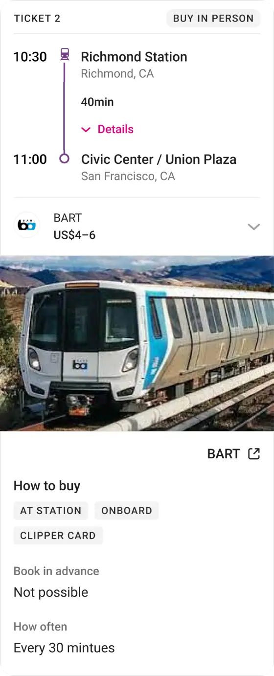 Non-bookable ticket with open operator details