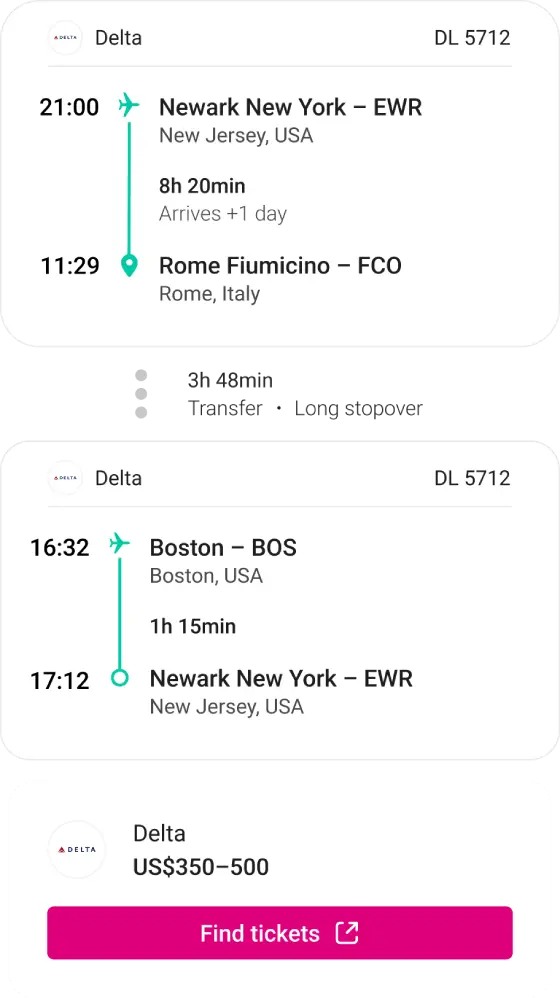 Flights journey, showing to flights and a transfer