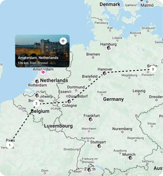 A map showing a selected image card, this a dotted line showing transport connections