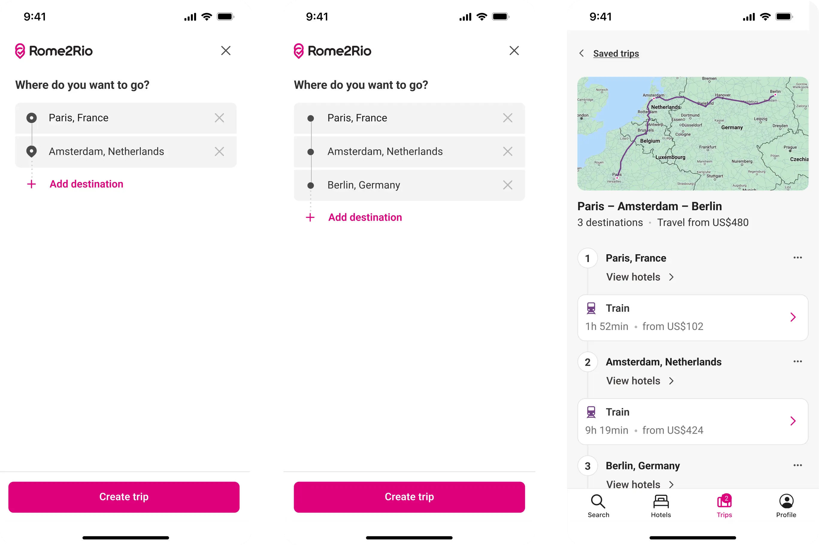 Showing the onboarding flow of create a trip in the new design