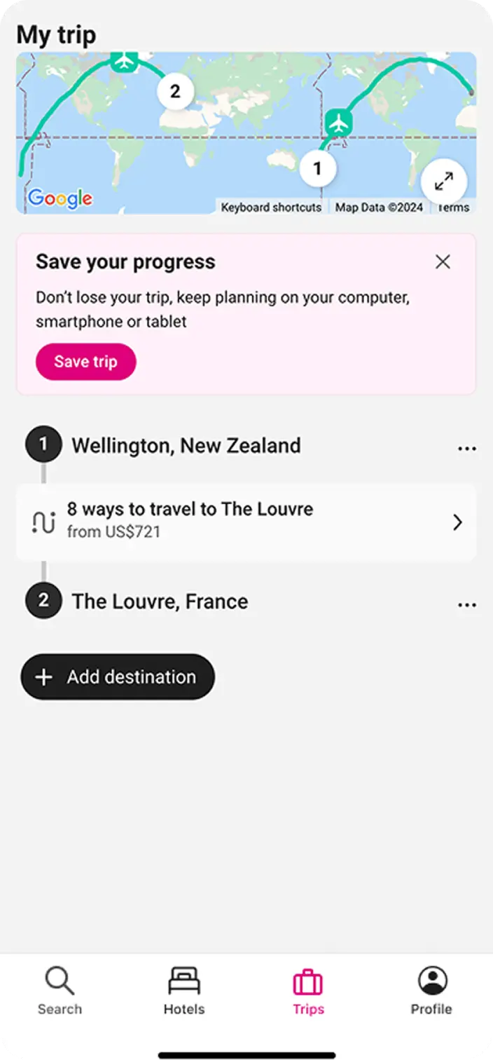 Showing the original mobile MVP design with a small map, prompt to sign in and places on the trip