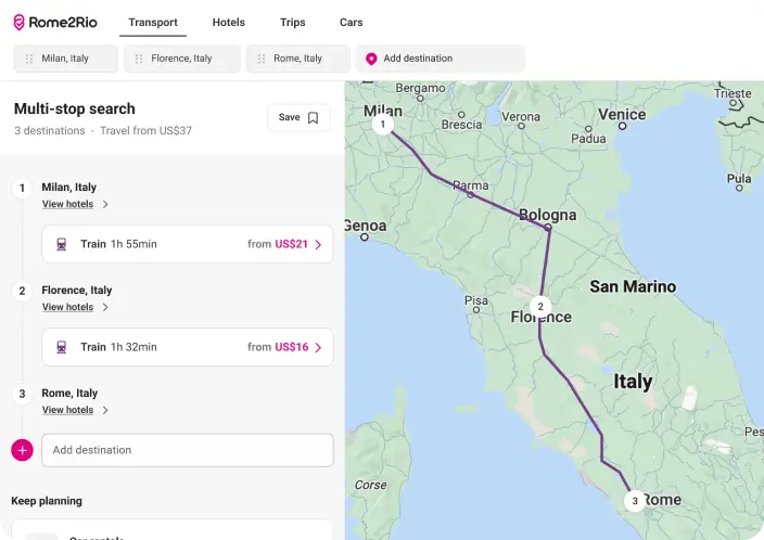 Multi-stop trip planning core experience