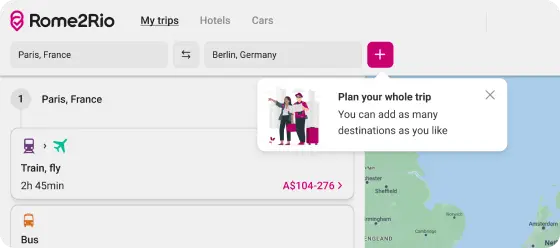 Cropped image of trip plan showing a pop out prompt informing travellers they can add more than two destinations