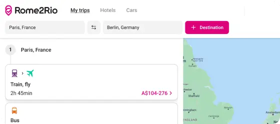 Cropped image of trip plan showing a pink primary action button in the search bar