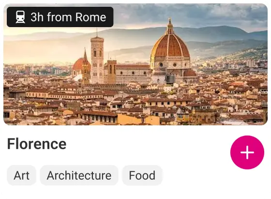 Map card, with large image, transport tag, city name, add to trip button and interest tags