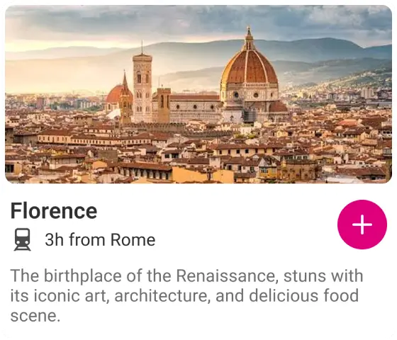 Map card, with large image, city name transport connection, add to trip button and city information