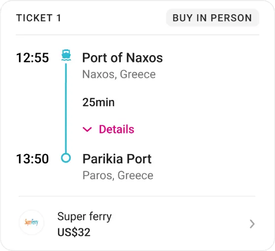 Card with bookable ticket with pink find ticket CTA