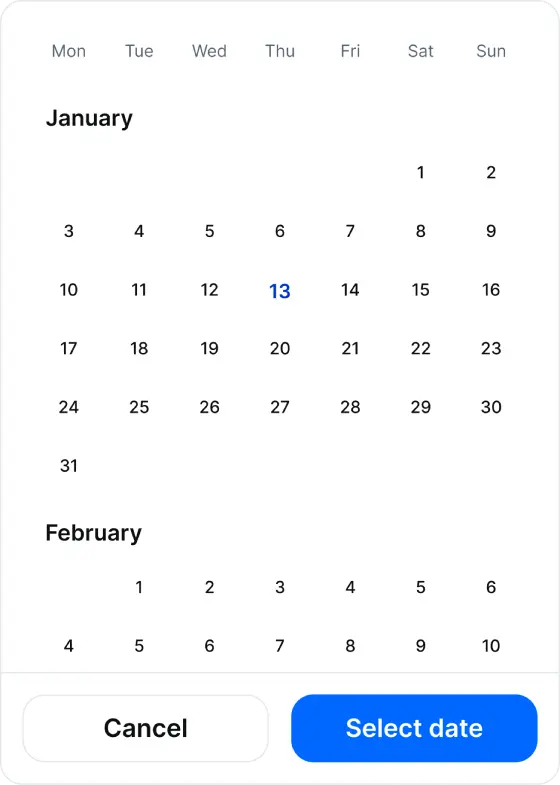 A calendar with action bar with two buttons cancel and select date at the bottom