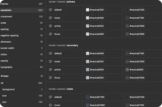 Showing tokens set up in Figma more light and dark modes