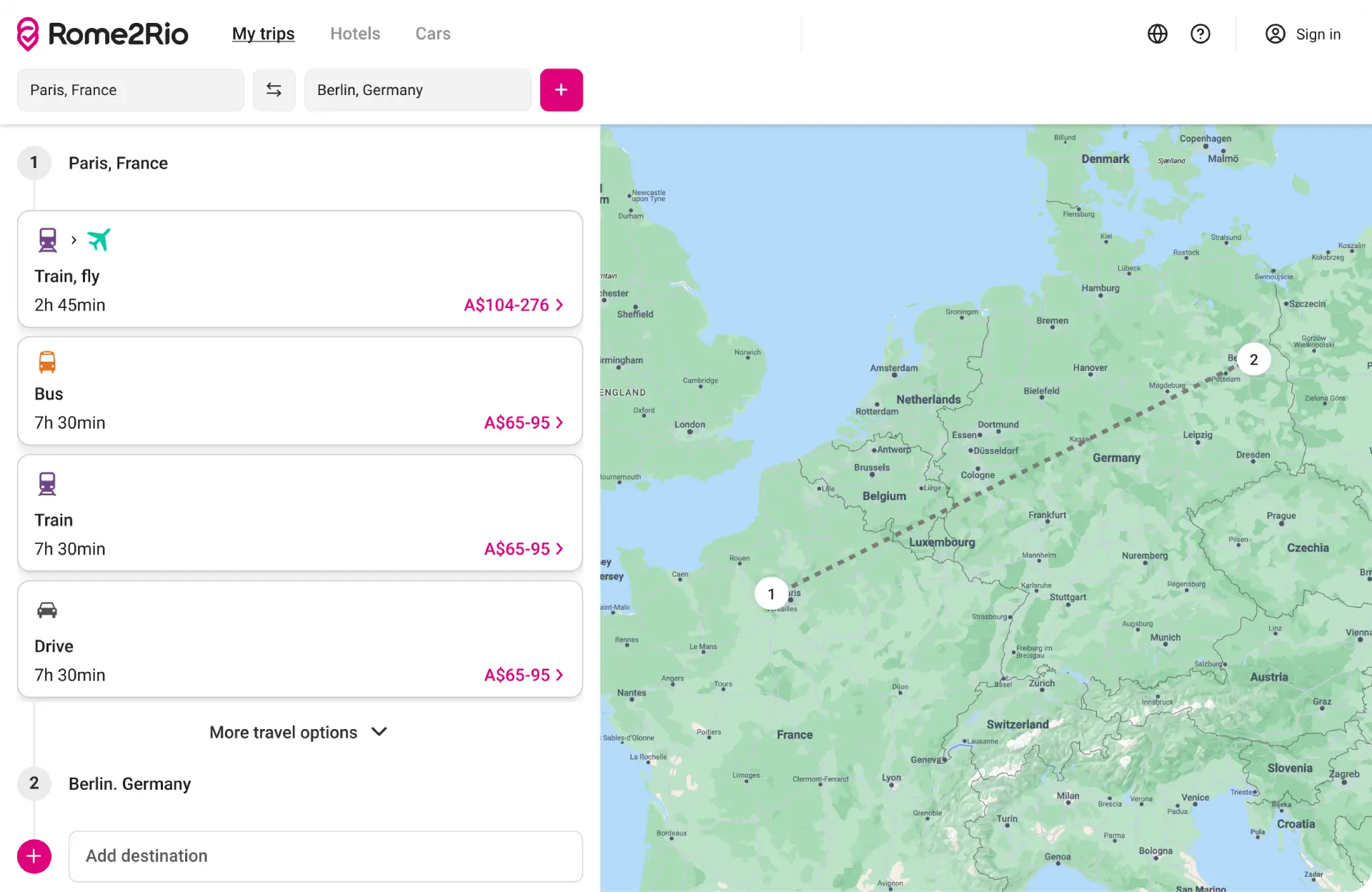 Full page simplified trip plan design. With search box, transport details and a map