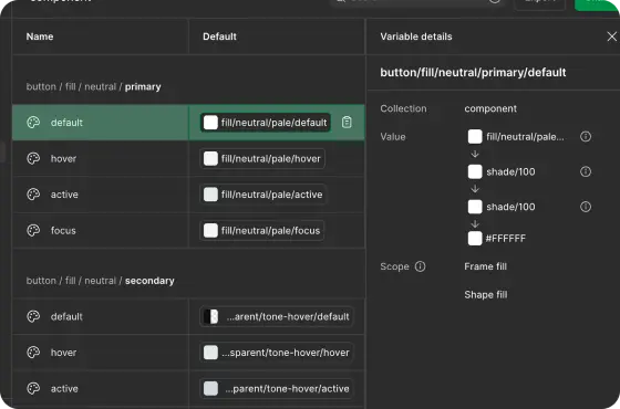 Figma dev mode showing the colour token mapping